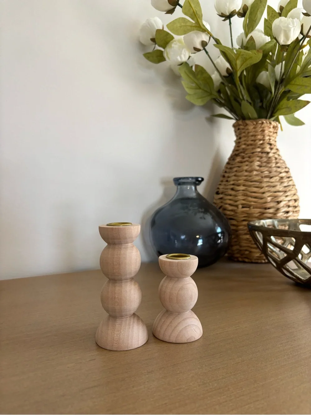 Amazon set of 2 Hand-Carved Wooden Stacked Ball Candle Holders